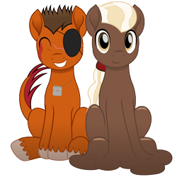 Size: 1886x1886 | Tagged: safe, artist:badumsquish, derpibooru exclusive, imported from derpibooru, oc, oc only, oc:chocolate medley, oc:rustback, goo, goo pony, monster pony, original species, tatzlpony, derpibooru community collaboration, my little pony: the movie, 2022 community collab, bashful, buzz cut, chocolate, dog tags, duo, eyepatch, eyes closed, food, grin, looking at you, male, melting, not chocolate, ponytail, scar, shiny, side by side, simple background, sitting, smiling, style emulation, transparent background, unshorn fetlocks