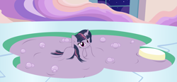 Size: 4939x2301 | Tagged: safe, artist:badumsquish, derpibooru exclusive, imported from derpibooru, mean twilight sparkle, goo, goo pony, original species, games ponies play, the mean 6, bedroom eyes, bubble, bubbling, clone, crystal empire, goo pony bath, hot tub, looking at you, lying down, melting, missing cutie mark, mud, mud bath, night, pillow, prone, smiling, smirk, spa, squishy, swimming pool, window