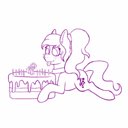 Size: 3000x3000 | Tagged: safe, artist:raspy, imported from derpibooru, rainbow dash, oc, oc only, oc:violet ray, earth pony, pony, cake, candle, choker, figurine, food, frosting, hairband, high res, lying down, monochrome, prone, simple background, sketch, solo, sparkles, tongue out