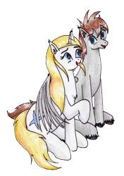 Size: 2336x3324 | Tagged: safe, artist:40kponyguy, derpibooru exclusive, editor:darkhooves, editor:nightshadowmlp, imported from derpibooru, oc, oc only, oc:jezza, oc:tecuro, pegasus, unicorn, derpibooru community collaboration, 2022 community collab, background edit, background removed, chest fluff, couple, cute, duo, duo male and female, ear fluff, female, high res, hug, looking at each other, looking at someone, male, mare, raised hoof, simple background, stallion, traditional art, transparent background, unshorn fetlocks, winghug, wings
