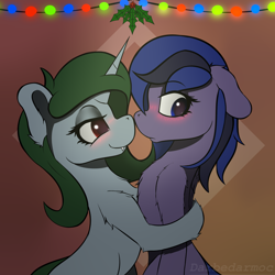 Size: 2048x2048 | Tagged: safe, artist:darbedarmoc, imported from derpibooru, oc, oc:luamore, oc:minerva, pegasus, pony, unicorn, blushing, boop, female, floppy ears, garland, high res, holly, holly mistaken for mistletoe, hug, imminent kissing, lesbian, not sure if want, red eyes, shy, smiling