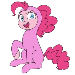 Size: 1080x1080 | Tagged: safe, artist:makaryo, imported from derpibooru, pinkie pie, earth pony, pony, bodysuit, clothes, dreamworks face, female, filthy frank, looking at you, mare, open mouth, open smile, pink guy, raised eyebrow, simple background, smiling, solo, white background