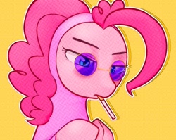 Size: 1354x1080 | Tagged: safe, artist:makaryo, imported from derpibooru, pinkie pie, earth pony, pony, bodysuit, cigarette, clothes, female, filthy frank, glasses, mare, outline, pink guy, polka dot background, solo, squint, white outline