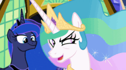 Size: 730x410 | Tagged: safe, imported from derpibooru, screencap, princess celestia, princess luna, alicorn, pony, between dark and dawn, season 9, spoiler:s09, adorabolical, animated, cute, duo, duo female, evil grin, female, gif, grin, royal sisters, shifty eyes, siblings, sisters, smiling