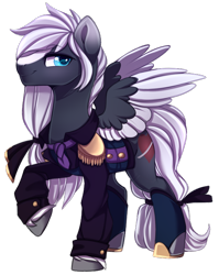 Size: 600x753 | Tagged: safe, artist:cabbage-arts, imported from derpibooru, oc, oc only, pegasus, pony, blaze (coat marking), clothes, coat markings, commission, facial markings, male, raised hoof, simple background, solo, spread wings, transparent background, wings