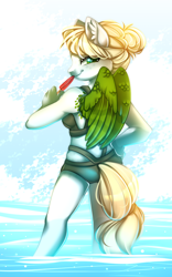 Size: 600x962 | Tagged: safe, artist:cabbage-arts, imported from derpibooru, oc, oc only, anthro, pegasus, anthro oc, beach, clothes, female, food, hand on hip, looking back, pegasus oc, popsicle, solo, swimsuit