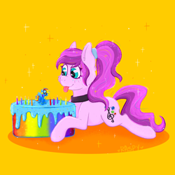 Size: 3000x3000 | Tagged: safe, alternate version, artist:raspy, imported from derpibooru, rainbow dash, oc, oc only, oc:violet ray, earth pony, pony, cake, candle, choker, cutie mark, figurine, food, frosting, hairband, high res, lying down, monochrome, prone, simple background, sketch, solo, sparkles, tongue out