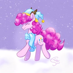 Size: 2048x2048 | Tagged: safe, artist:turtletroutstudios, imported from derpibooru, pinkie pie, earth pony, pony, clothes, hat, high res, scarf, snow, solo, winter hat