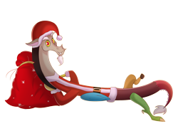 Size: 3507x2480 | Tagged: safe, artist:janelearts, imported from derpibooru, discord, draconequus, christmas, clothes, costume, hands behind back, high res, holiday, looking at you, lying down, on back, santa costume, simple background, smiling, smiling at you, solo, transparent background