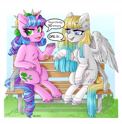 Size: 1920x1953 | Tagged: safe, artist:sk-ree, imported from derpibooru, oc, oc only, oc:ivy lush, pegasus, pony, unicorn, bench, female, mare