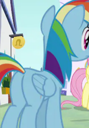 Size: 240x346 | Tagged: safe, edit, edited screencap, imported from derpibooru, screencap, fluttershy, rainbow dash, pegasus, pony, the ending of the end, butt, cropped, female, plot, rainbutt dash, rear view, solo focus, youtube, youtube link