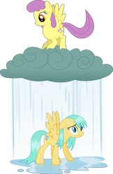 Size: 6076x9389 | Tagged: safe, artist:thatusualguy06, imported from derpibooru, parasol, sunshower raindrops, pegasus, pony, friendship is magic, look before you sleep, .svg available, absurd resolution, cloud, duo, duo female, female, frown, jumping, rain, simple background, spread wings, svg, transparent background, vector, wet, wet mane, wings