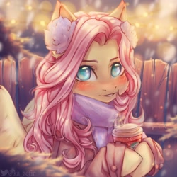 Size: 3000x3000 | Tagged: safe, alternate version, artist:zefirka, imported from derpibooru, fluttershy, pegasus, pony, blushing, cheek fluff, clothes, coat, coffee cup, cup, cute, earmuffs, fence, happy new year 2022, heart, high res, holiday, hoof hold, looking at you, scarf, shyabetes, smiling, snow, snowfall, solo, speedpaint, starbucks, winter