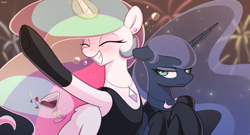 Size: 2773x1500 | Tagged: safe, artist:nookprint, imported from derpibooru, princess celestia, princess luna, alicorn, pony, 2021, alcohol, black dress, blushing, clothes, dress, drunk, drunk bubbles, drunklestia, duo, elegant, eyes closed, fireworks, floppy ears, glass, gloves, glowing, glowing horn, go home you're drunk, grin, happy new year, happy new year 2022, holiday, horn, jewelry, luna is not amused, necklace, royal sisters, siblings, sisters, smiling, unamused, wine, wine glass