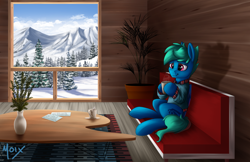 Size: 5100x3300 | Tagged: safe, artist:supermoix, imported from derpibooru, oc, oc only, oc:supermoix, pegasus, pony, beautiful, cabin, clothes, cloud, couch, day, folded wings, forest, indoors, lidded eyes, male, mountain, scenery, sky, smiling, snow, solo, stallion, sweater, table, tree, window, wings