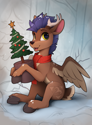 Size: 1550x2100 | Tagged: safe, artist:yakovlev-vad, imported from derpibooru, oc, oc only, oc:arny, deer, deer pony, original species, peryton, christmas, christmas tree, holiday, lacrimal caruncle, slim, snow, snowfall, solo, spread wings, thin, tree, wings