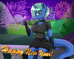 Size: 2500x2000 | Tagged: safe, artist:novaspark, imported from derpibooru, oc, oc only, oc:nova spark, anthro, monster pony, original species, tatzlpony, alcohol, big breasts, breasts, champagne, champagne glass, clothes, female, fireworks, glasses, happy new year, happy new year 2022, high res, holiday, looking at you, meganekko, sexy, solo, wine