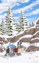 Size: 1189x1919 | Tagged: safe, artist:eriada, imported from derpibooru, trixie, zecora, pony, unicorn, zebra, bag, duo, hoof boots, map, saddle bag, scenery, snow, tree