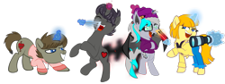 Size: 1175x442 | Tagged: safe, artist:darktailsko, imported from derpibooru, oc, oc only, oc:batilla, oc:darkknighthoof, oc:darkknightshade, oc:tippy toes, bat pony, pony, unicorn, augmented, augmented tail, bat pony oc, beanie, bipedal, camera, clothes, coat, corset, eyes closed, feather, female, glasses, glowing, glowing horn, grin, hat, hoodie, horn, levitation, magic, male, mare, open mouth, pants, pencil, pink sweater, raised hoof, raised leg, simple background, smiling, stallion, sweater, sweater meme, tail, telekinesis, tickling, transparent background