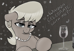 Size: 1944x1356 | Tagged: safe, artist:llametsul, imported from derpibooru, ms. harshwhinny, earth pony, pony, alcohol, bedroom eyes, blushing, bottle, chest fluff, confetti, cougar, dialogue, drunk, ear piercing, earring, eyeshadow, female, glass, go home you're drunk, happy new year, heart, heart eyes, holiday, jewelry, lidded eyes, looking at you, makeup, monochrome, necklace, pearl necklace, piercing, sketch, smiling, smiling at you, solo, text, wine, wine bottle, wine glass, wingding eyes