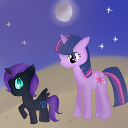 Size: 512x512 | Tagged: safe, artist:skullbow09, imported from derpibooru, twilight sparkle, oc, oc:nyx, alicorn, pony, unicorn, alicorn oc, duo, female, floppy ears, horn, moon, unicorn twilight, wings