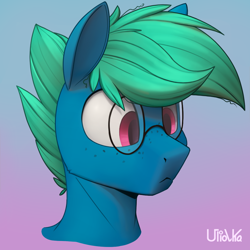 Size: 1000x1000 | Tagged: safe, artist:uliovka, imported from derpibooru, oc, oc only, oc:supermoix, pony, colored pupils, freckles, glasses, gradient background, male, solo, stallion