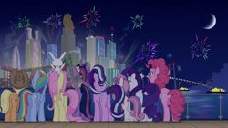 Size: 3840x2160 | Tagged: safe, artist:scifidino66, imported from derpibooru, angel bunny, applejack, fluttershy, pinkie pie, rainbow dash, rarity, spike, starlight glimmer, sweetie belle, twilight sparkle, alicorn, dragon, earth pony, pegasus, pony, rabbit, unicorn, animal, applebutt, balloonbutt, butt, dragonbutt, female, fireworks, flutterbutt, glimmer glutes, high res, mane seven, mane six, manehattan, new year's eve, night, plot, rainbutt dash, sweetie butt, twibutt, twilight sparkle (alicorn)