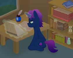 Size: 2496x1972 | Tagged: safe, artist:doodledonutart, imported from derpibooru, oc, pony, unicorn, book, bookshelf, commission, desk, hourglass, indoors, ink, magic, night, quill, solo, stars, studying, window