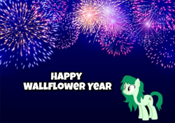 Size: 1532x1080 | Tagged: safe, imported from derpibooru, wallflower blush, pony, cute, fireworks, happy, happy new year, holiday, ponified, wallflower year