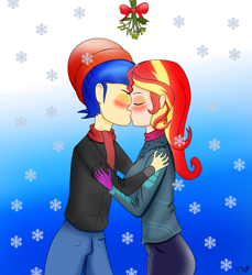 Size: 2319x2527 | Tagged: safe, artist:film77asq, imported from derpibooru, flash sentry, sunset shimmer, human, equestria girls, christmas, duo, female, flashimmer, high res, holiday, kiss on the lips, kissing, male, mistletoe, shipping, snow, straight