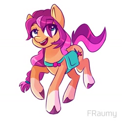 Size: 1323x1323 | Tagged: safe, artist:fraumflug, imported from derpibooru, sunny starscout, earth pony, pony, bag, female, g5, my little pony: a new generation, open mouth, saddle bag, simple background, solo, white background