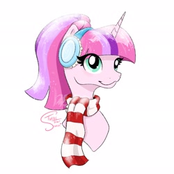 Size: 2048x2048 | Tagged: safe, artist:turtletroutstudios, imported from derpibooru, oc, oc only, pony, unicorn, bust, clothes, earmuffs, female, high res, mare, portrait, scarf, simple background, solo, white background