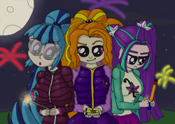 Size: 3506x2482 | Tagged: safe, artist:ewrrfb, imported from derpibooru, adagio dazzle, aria blaze, sonata dusk, equestria girls, blue hair, celebrating, celebration, clothes, dark, female, fire, fireworks, goggles, grass, high res, hoodie, lighter, moon, night, night sky, orange hair, pin, purple eyes, purple hair, safety goggles, sky, sparkler (firework), stars, the dazzlings