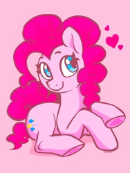 Size: 1536x2048 | Tagged: safe, artist:dimfann, imported from derpibooru, pinkie pie, earth pony, pony, aside glance, cute, diapinkes, female, heart, hoof heart, looking at you, lying down, mare, pink background, ponk, prone, simple background, smiling, solo, turned head