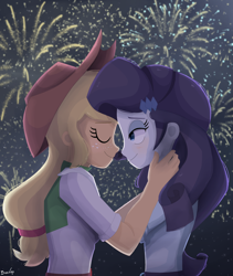 Size: 1600x1900 | Tagged: safe, artist:biocrine, imported from derpibooru, applejack, rarity, equestria girls, female, fireworks, lesbian, rarijack, shipping