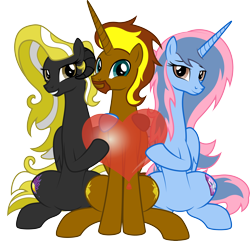 Size: 4004x3856 | Tagged: safe, artist:lightning stripe, derpibooru exclusive, imported from derpibooru, oc, oc only, oc:liliosa, oc:prince cosmic light, oc:princess sorraia, alicorn, original species, pony, derpibooru community collaboration, 2022 community collab, alicorn oc, balloon, beard, black coat, blue coat, blue eyes, both cutie marks, brown coat, brown eyes, commission, curved horns, facial hair, female, grin, heart balloon, horn, hug, male, mare, pink mane, rilacorn, show accurate, simple background, sitting, smiling, sorright, stallion, transparent background, trio, two toned mane, vector, wings, yellow mane