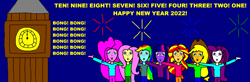 Size: 3032x1000 | Tagged: safe, imported from derpibooru, applejack, fluttershy, pinkie pie, rainbow dash, rarity, sunset shimmer, twilight sparkle, equestria girls, 2022, big ben, equestria girls-ified, fireworks, happy new year, holiday, humane five, humane six
