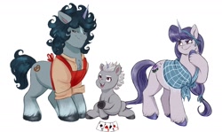 Size: 2218x1319 | Tagged: safe, artist:sallylla, imported from derpibooru, oc, oc:mallow mist, oc:mighty spruce, pony, unicorn, alphabetes, alphabittle blossomforth, apron, bangs, blaze (coat marking), butt freckles, card, chest fluff, child, chubby, clothes, coat markings, colt, colt alphabittle blossomforth, cute, cutie mark, eyebrows, facial markings, family, father and child, father and son, female, fluffy, foal, freckles, g5, hairband, heart, hoof heart, hooves, lidded eyes, male, mare, messy mane, mother and child, mother and son, my little pony: a new generation, parent, raised eyebrow, raised leg, ribbon, scarf, simple background, sitting, smiling, socks (coat markings), stallion, standing, tail, unshorn fetlocks, younger