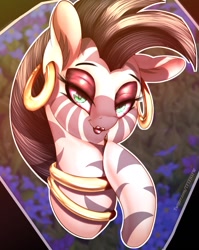 Size: 1002x1260 | Tagged: safe, artist:to_fat_to_fly, zecora, zebra, bust, ear fluff, ear piercing, earring, eyeshadow, female, hoof hold, jewelry, lidded eyes, lipstick, looking at you, makeup, mare, neck rings, piercing, solo