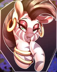 Size: 1002x1260 | Tagged: safe, alternate version, artist:to_fat_to_fly, zecora, zebra, bust, ear fluff, ear piercing, earring, eyeshadow, female, hoof hold, jewelry, lidded eyes, lipstick, looking at you, makeup, mare, neck rings, piercing, solo