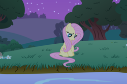 Size: 3330x2203 | Tagged: safe, imported from derpibooru, fluttershy, pegasus, pony, crying, evening, female, grass, high res, looking down, mare, night, river, sad, sitting, solo, tree