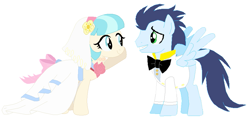 Size: 947x445 | Tagged: safe, artist:unicornsmile, edit, imported from derpibooru, coco pommel, soarin', clothes, dress, female, male, marriage, shipping, simple background, soarinpommel, straight, tuxedo, wedding, wedding dress, white background