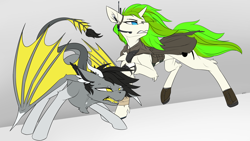 Size: 5760x3240 | Tagged: safe, artist:kavvi, imported from derpibooru, oc, oc only, oc:kavvi, oc:vinyl mix, dracony, dragon, hybrid, pony, unicorn, accessories, angry, boots, clothes, duo, fangs, female, horn, male, pose, sharp teeth, shoes, simple background, teeth, unicorn oc