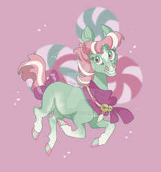 Size: 1920x2052 | Tagged: safe, artist:k-eilonwy, imported from derpibooru, minty, earth pony, pony, bow, clothes, cutie mark background, deviantart watermark, female, looking at you, mare, obtrusive watermark, scarf, smiling, smiling at you, solo, tail, tail bow, watermark