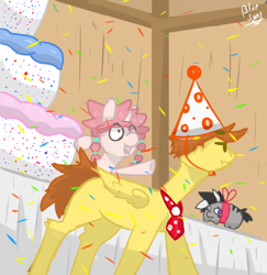 Size: 394x406 | Tagged: safe, artist:azulejo, imported from ponybooru, oc, oc:cendre, oc:jhon, oc:medici, pegasus, unicorn, birthday, birthday cake, cake, confetti, derpo, food, happy, hat, male, party, party hat, table, wings