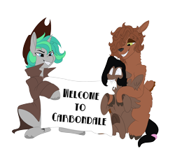 Size: 2500x2160 | Tagged: safe, artist:brainiac, imported from derpibooru, oc, oc only, oc:casey, oc:deedee, oc:inner sight, alpaca, pegasus, unicorn, derpibooru community collaboration, fallout equestria, 2022 community collab, blind, carbondale, female, high res, mare, simple background, transparent background