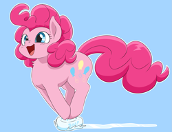 Size: 1277x979 | Tagged: safe, artist:dendollae, imported from derpibooru, pinkie pie, earth pony, pony, blue background, chest fluff, cute, diapinkes, female, mare, open mouth, open smile, outline, pinkie being pinkie, simple background, sliding, smiling, soap, solo, white outline