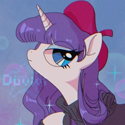 Size: 2000x2000 | Tagged: safe, artist:duvivi, imported from derpibooru, rarity, pony, unicorn, 90s anime, alternate hairstyle, anime, beatnik rarity, beret, clothes, female, hat, high res, mare, profile, solo, style emulation, sweater