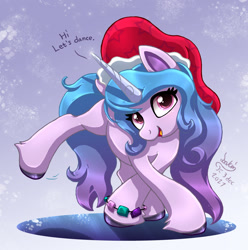 Size: 1200x1210 | Tagged: safe, artist:joakaha, imported from derpibooru, izzy moonbow, pony, unicorn, spoiler:my little pony: a new generation, bracelet, christmas, cute, female, g5, hat, holiday, izzybetes, jewelry, looking at you, mare, my little pony: a new generation, open mouth, open smile, santa hat, simple background, smiling, smiling at you, solo, text, unshorn fetlocks