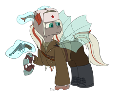 Size: 4000x3000 | Tagged: safe, artist:donnik, imported from derpibooru, oc, oc only, changeling, pony, clothes, hat, nagant revolver, officer, robotic leg, simple background, solo, soviet, transparent background, uniform, ushanka